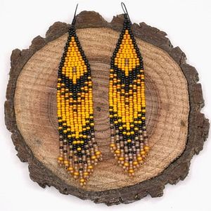 Beaded Fringe Dangle Earrings Black Orange Pumpkin Topaz Glass Beads Fall Colors